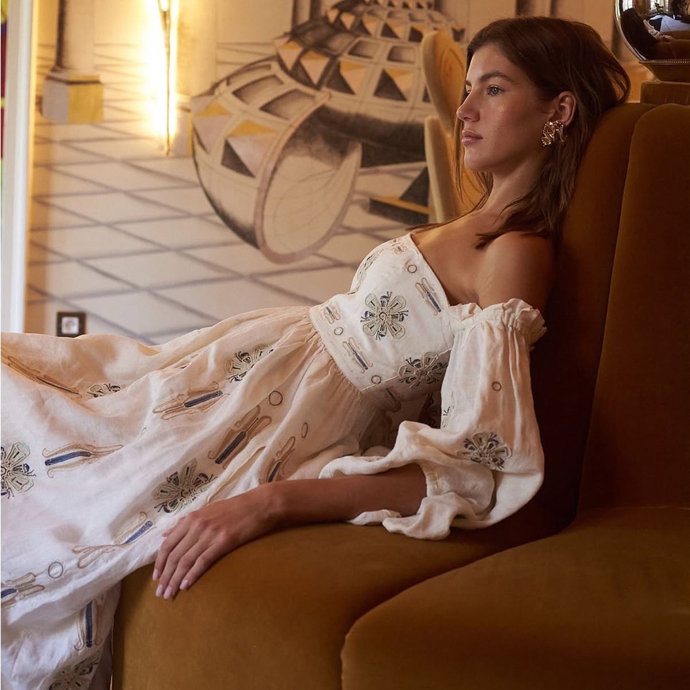 Agua by Agua Bendita Alheli Chivas Embroidered Linen Puff Sleeve Maxi Dress - Picture 9 of 11